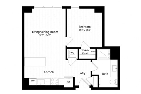 Floor plan for 1 bed, 1 bath, 614 sqft